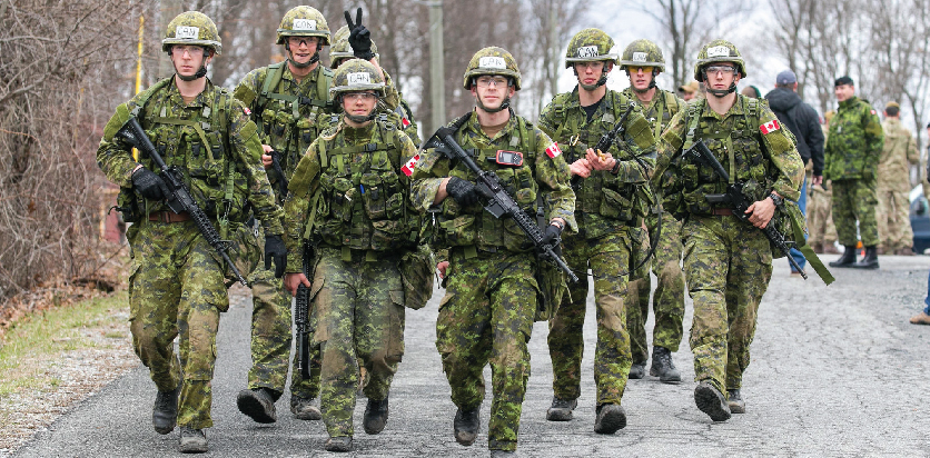 Cadets from the Royal Military College of Canada depart a pistol range during the 2017 Sandhurst Military Skills Competition at West Point, N.Y., April 7. During Sandhurst, 62 teams representing 12 international military academies, four U.S. service academies and eight ROTC programs competed in 11 events throughout a 23-mile course. (U.S. Army photo by: Staff Sgt. Vito T. Bryant)